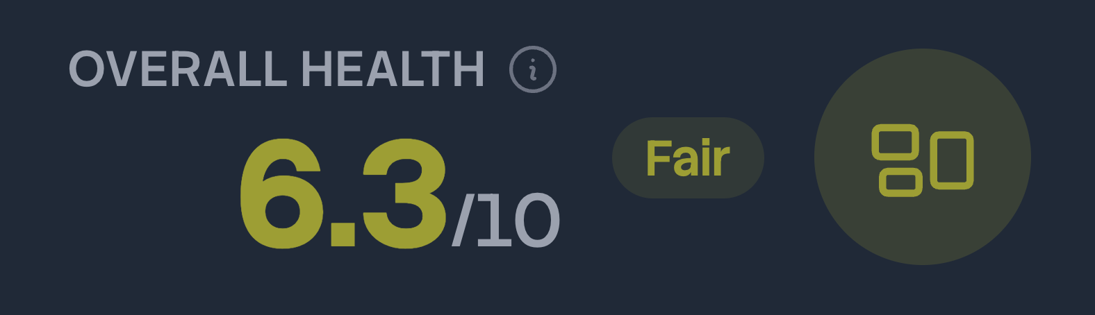 Dashboard header showing an overall health score of 6.3 out of 10, labeled Fair