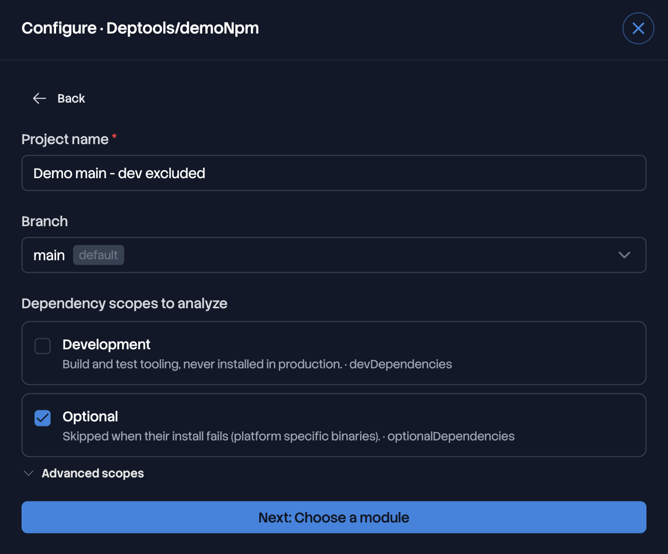 Project configuration with name, branch and dependency scopes