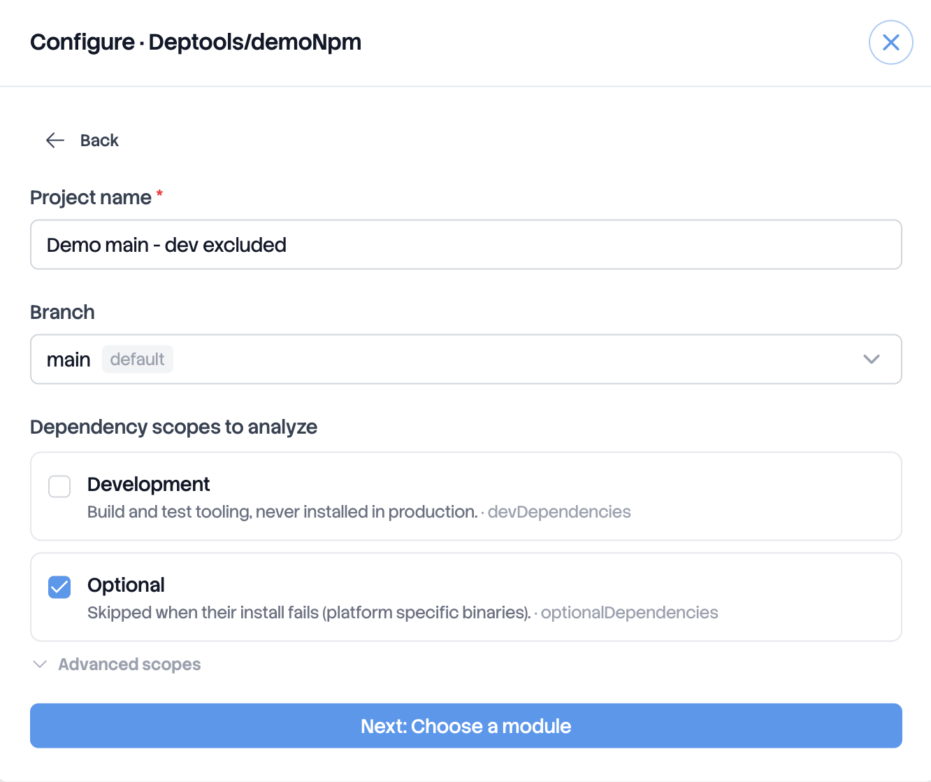Project configuration with name, branch and dependency scopes