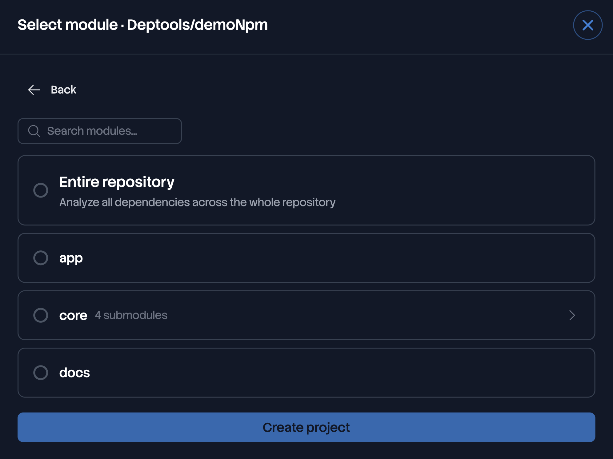 Module selection step, with the entire repository option above the detected modules