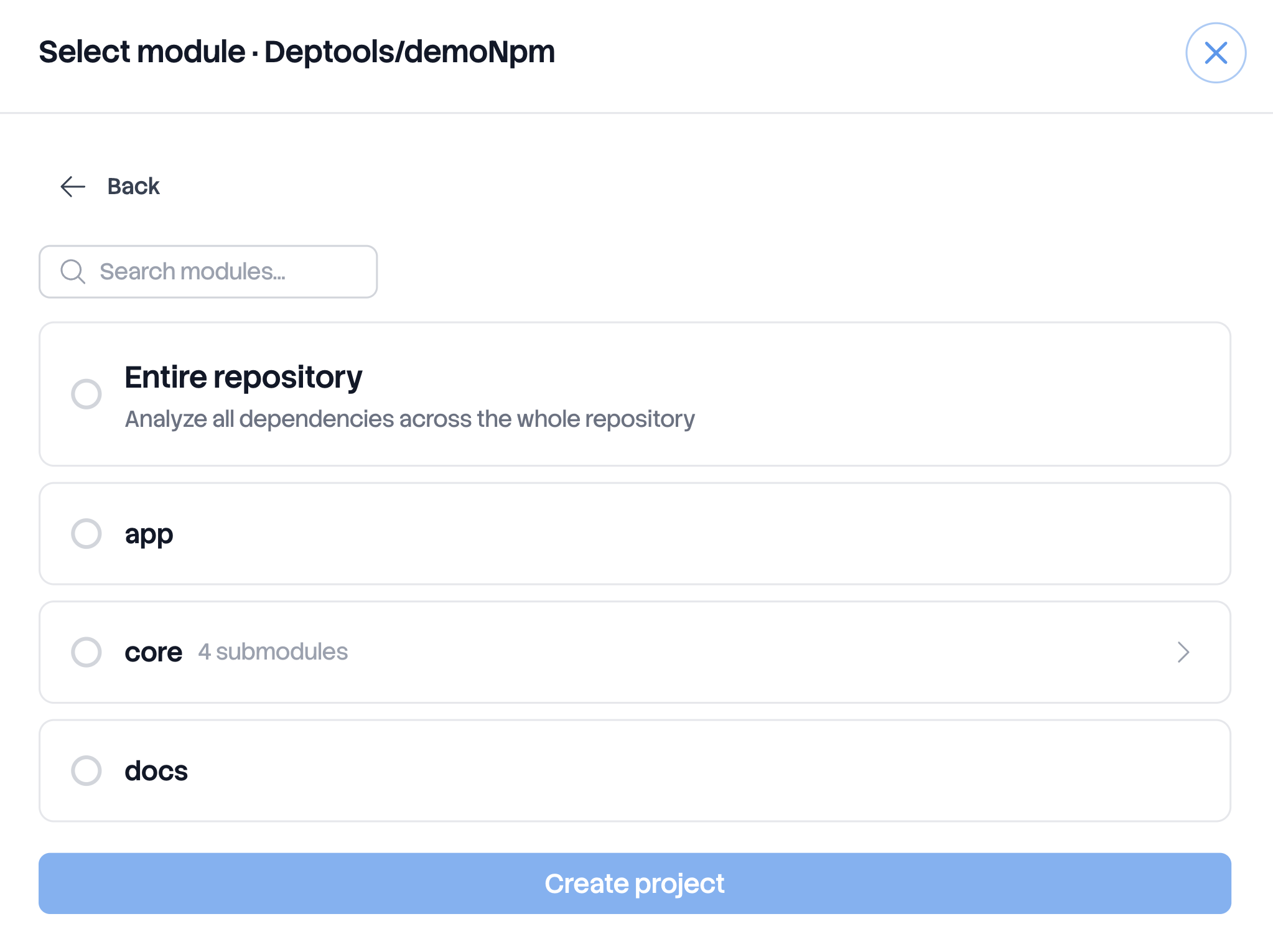 Module selection step, with the entire repository option above the detected modules