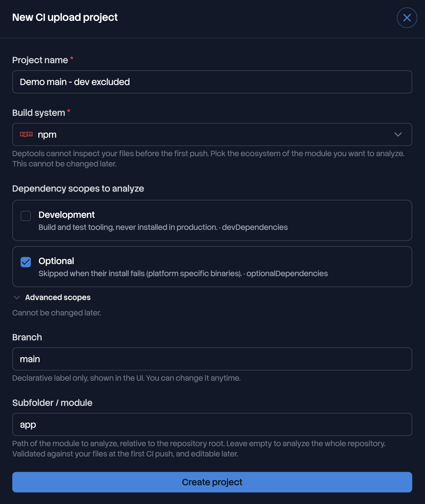 New CI upload project form, with the build system, dependency scopes, branch and subfolder fields
