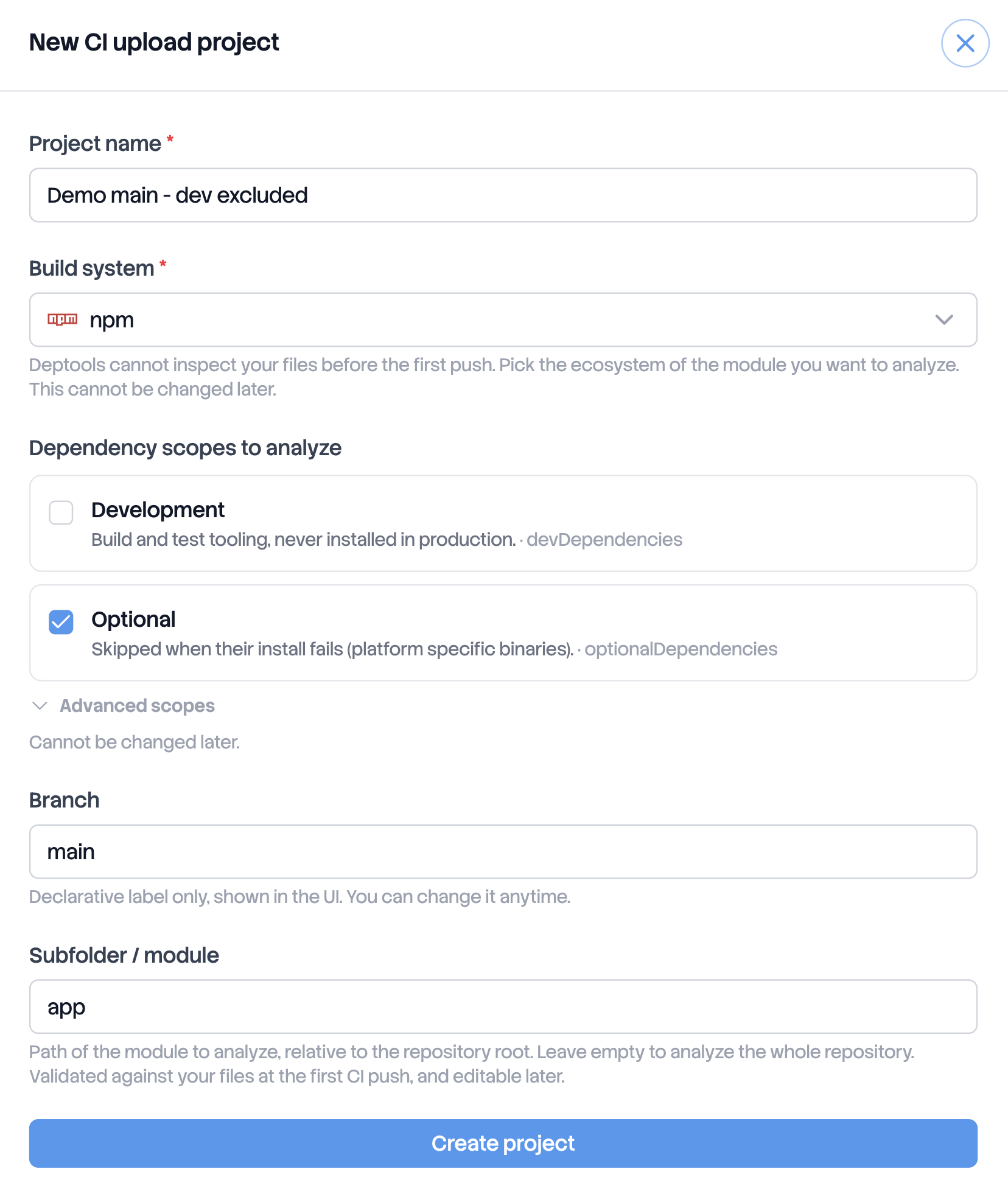 New CI upload project form, with the build system, dependency scopes, branch and subfolder fields