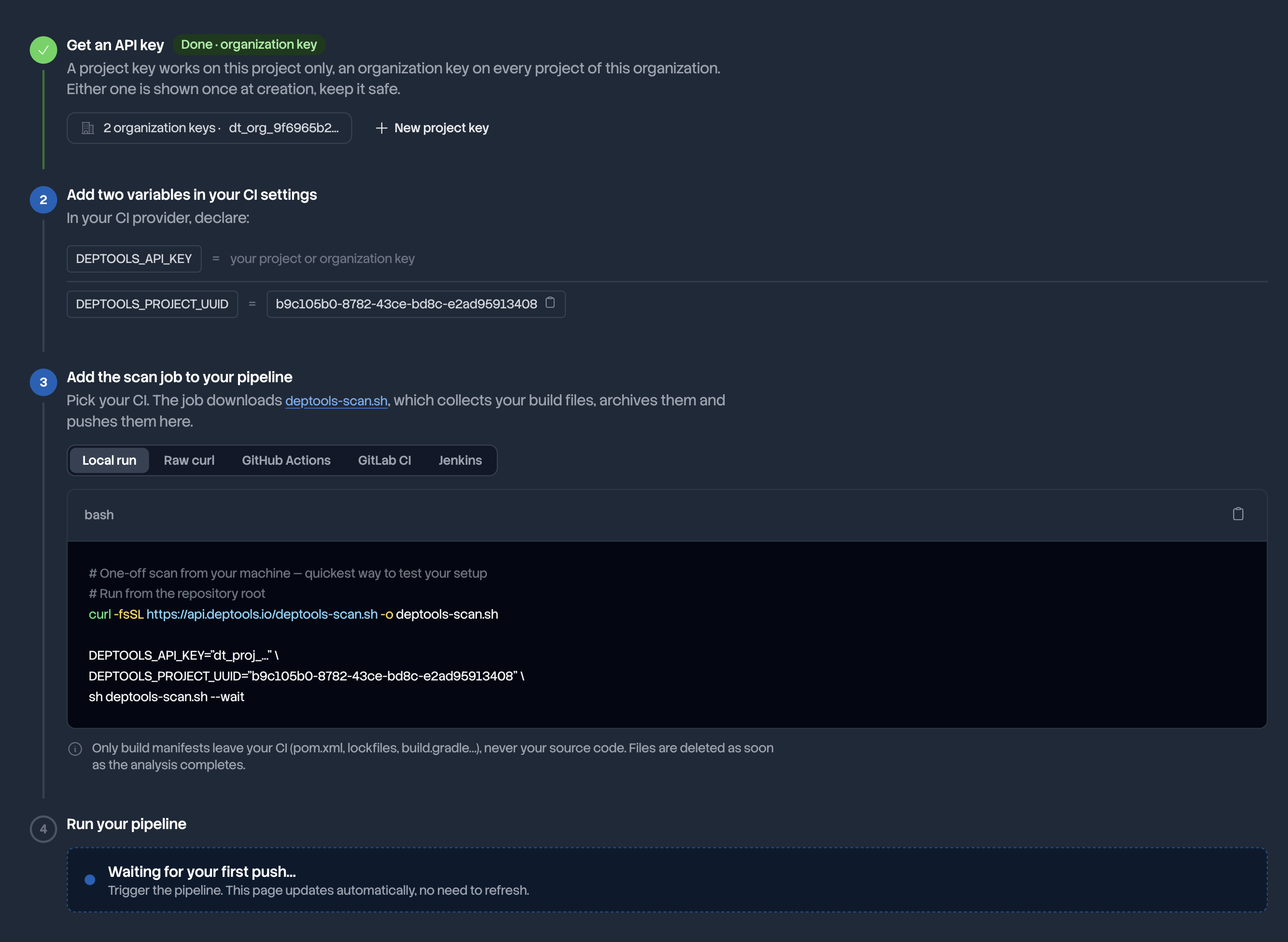 CI setup checklist of an upload project, waiting for the first push