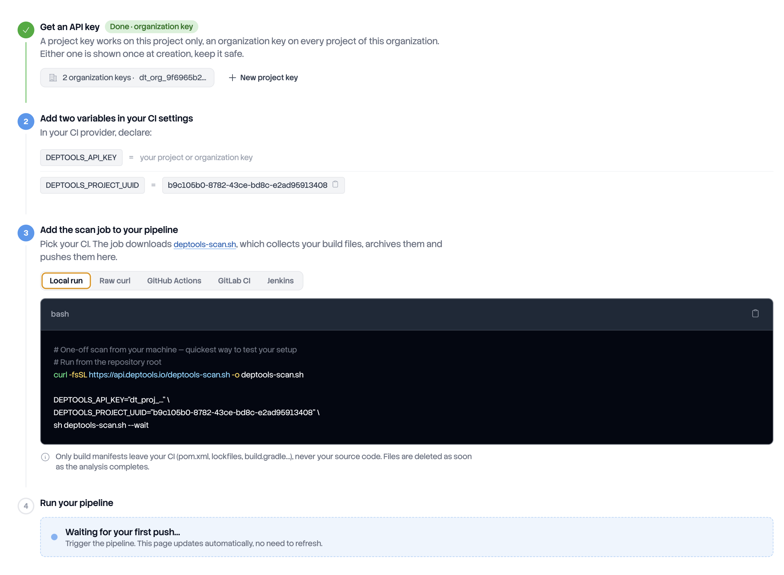 CI setup checklist of an upload project, waiting for the first push