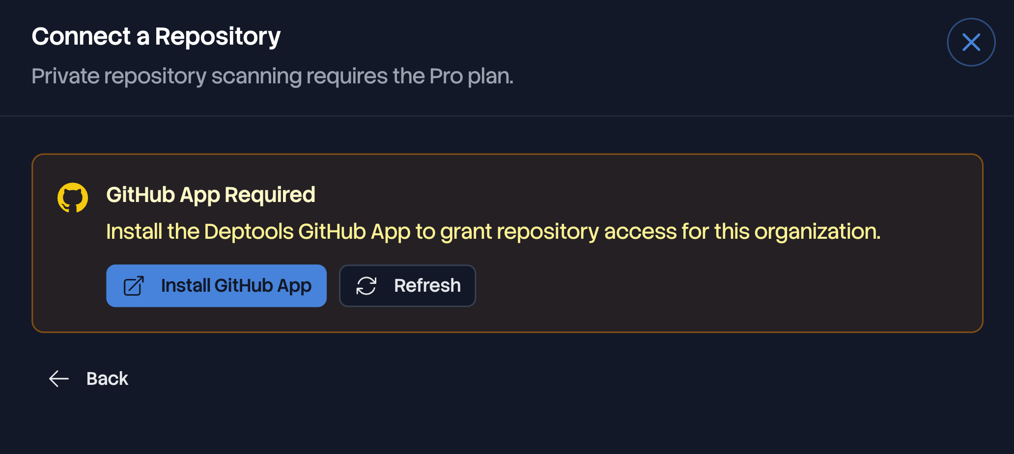 GitHub App Required banner in the Connect a Repository modal, with the Install GitHub App and Refresh buttons