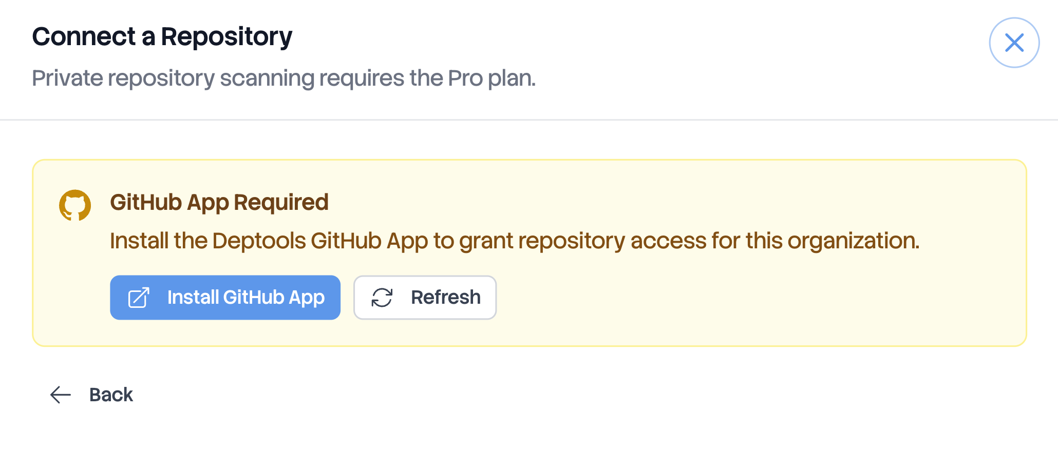 GitHub App Required banner in the Connect a Repository modal, with the Install GitHub App and Refresh buttons