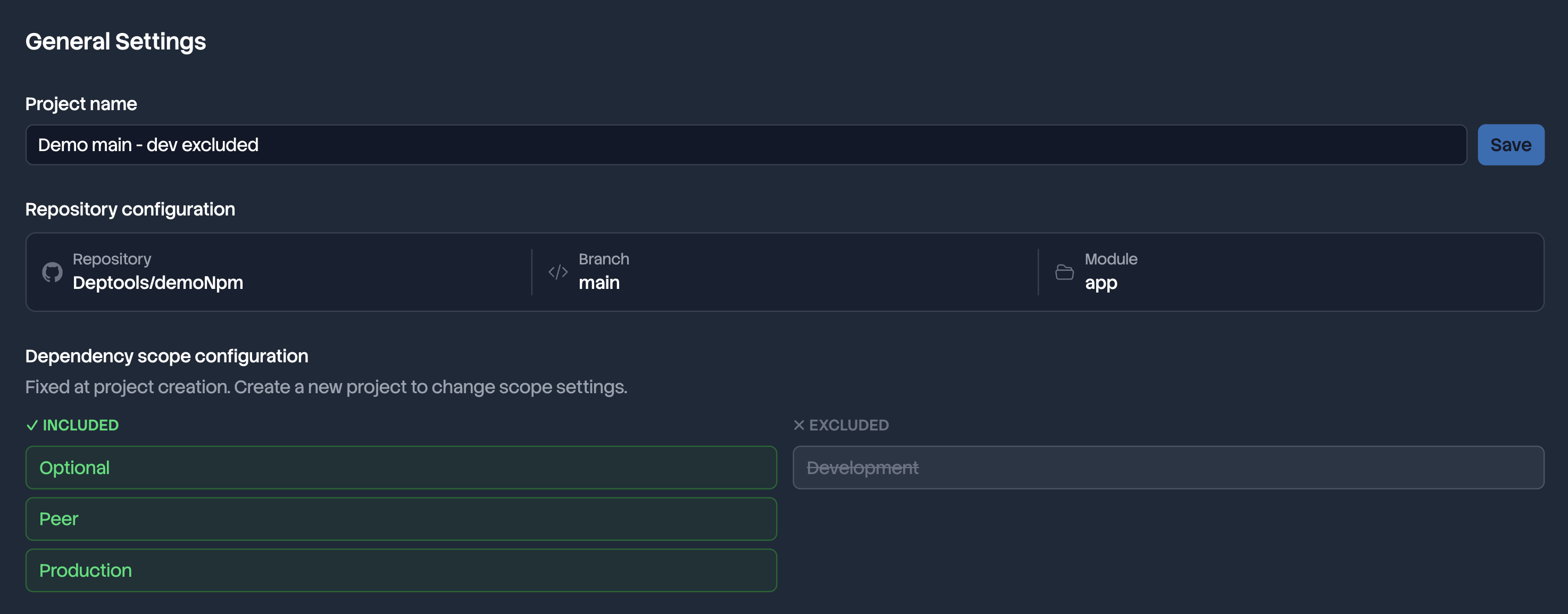 Project settings showing the read only repository, branch and module block above the fixed dependency scope configuration