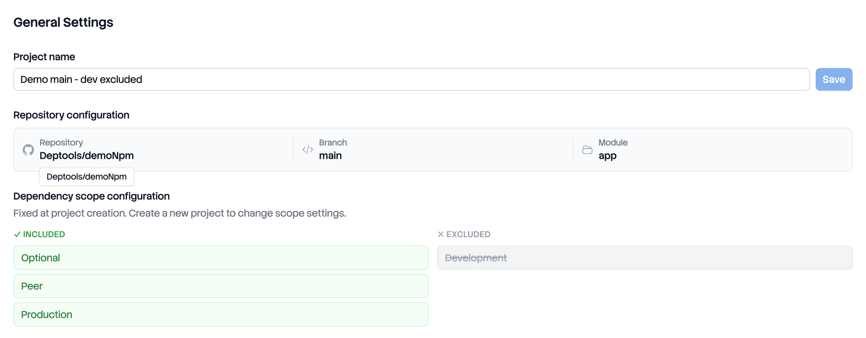 Project settings showing the read only repository, branch and module block above the fixed dependency scope configuration