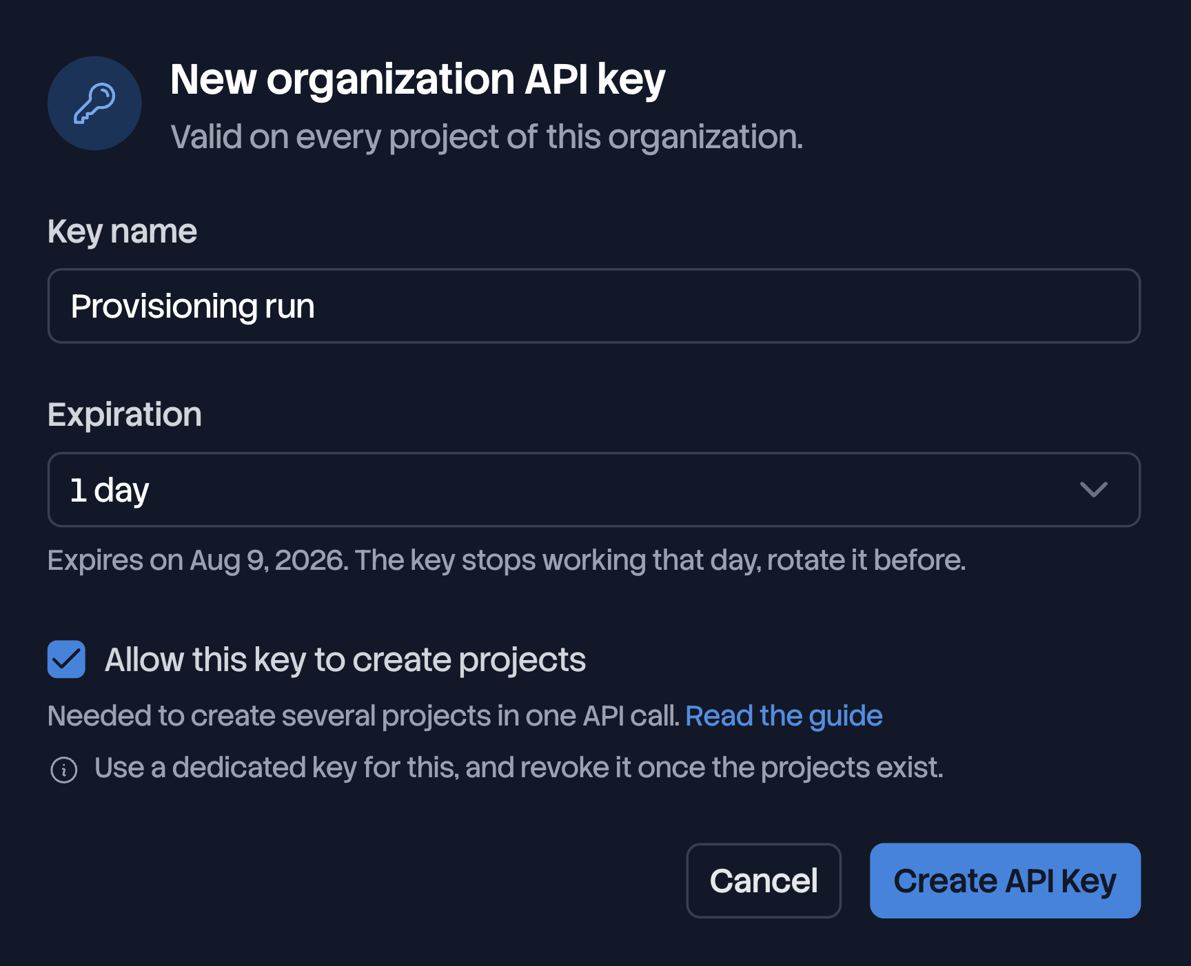 Organization key creation form, with an expiration of 1 day and the option allowing the key to create projects checked