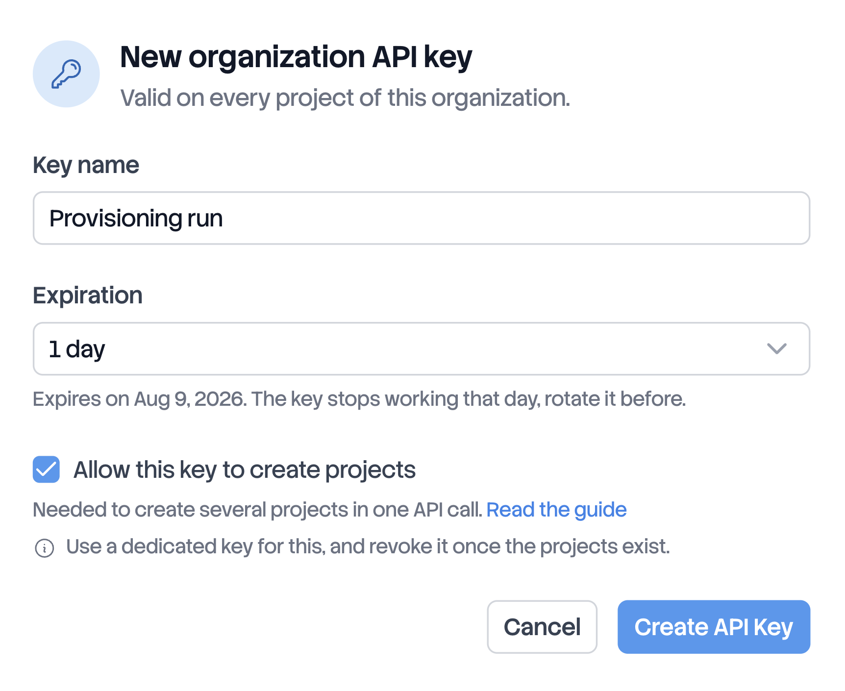 Organization key creation form, with an expiration of 1 day and the option allowing the key to create projects checked