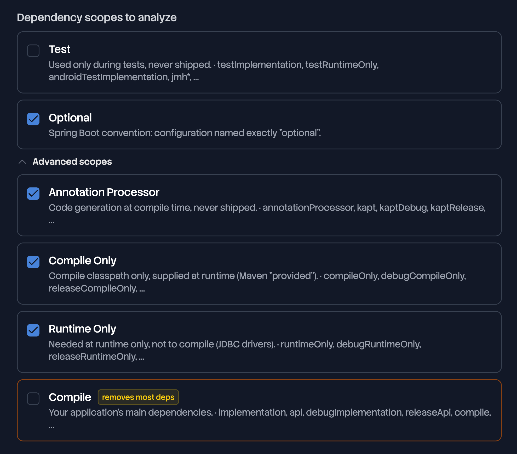 Dependency scope selector with the advanced scopes expanded and a warning badge on the unchecked Compile scope