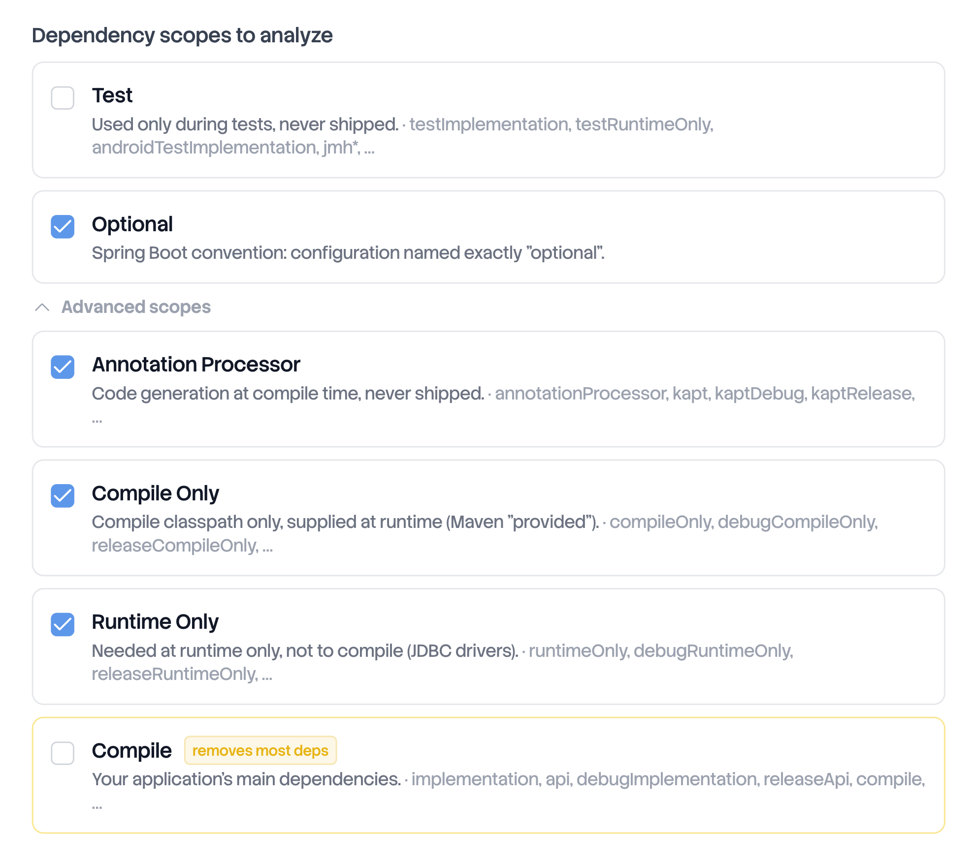 Dependency scope selector with the advanced scopes expanded and a warning badge on the unchecked Compile scope