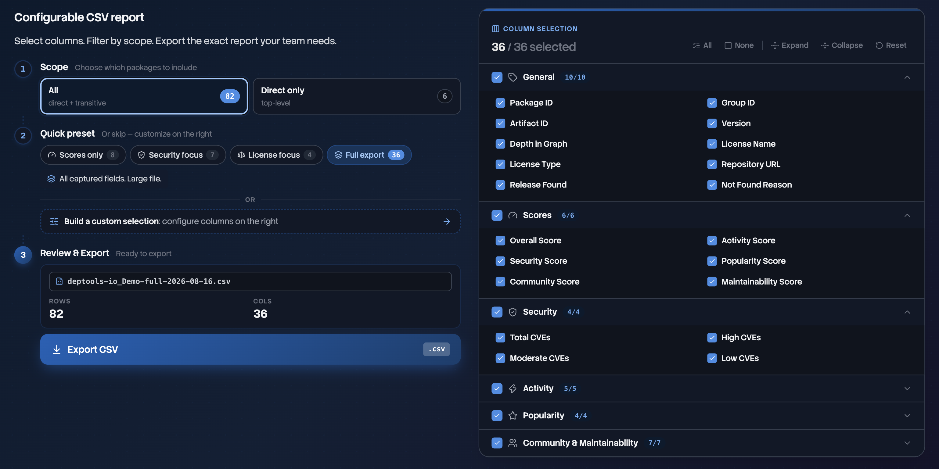 The CSV configurator, with the three export steps on the left and the column picker on the right