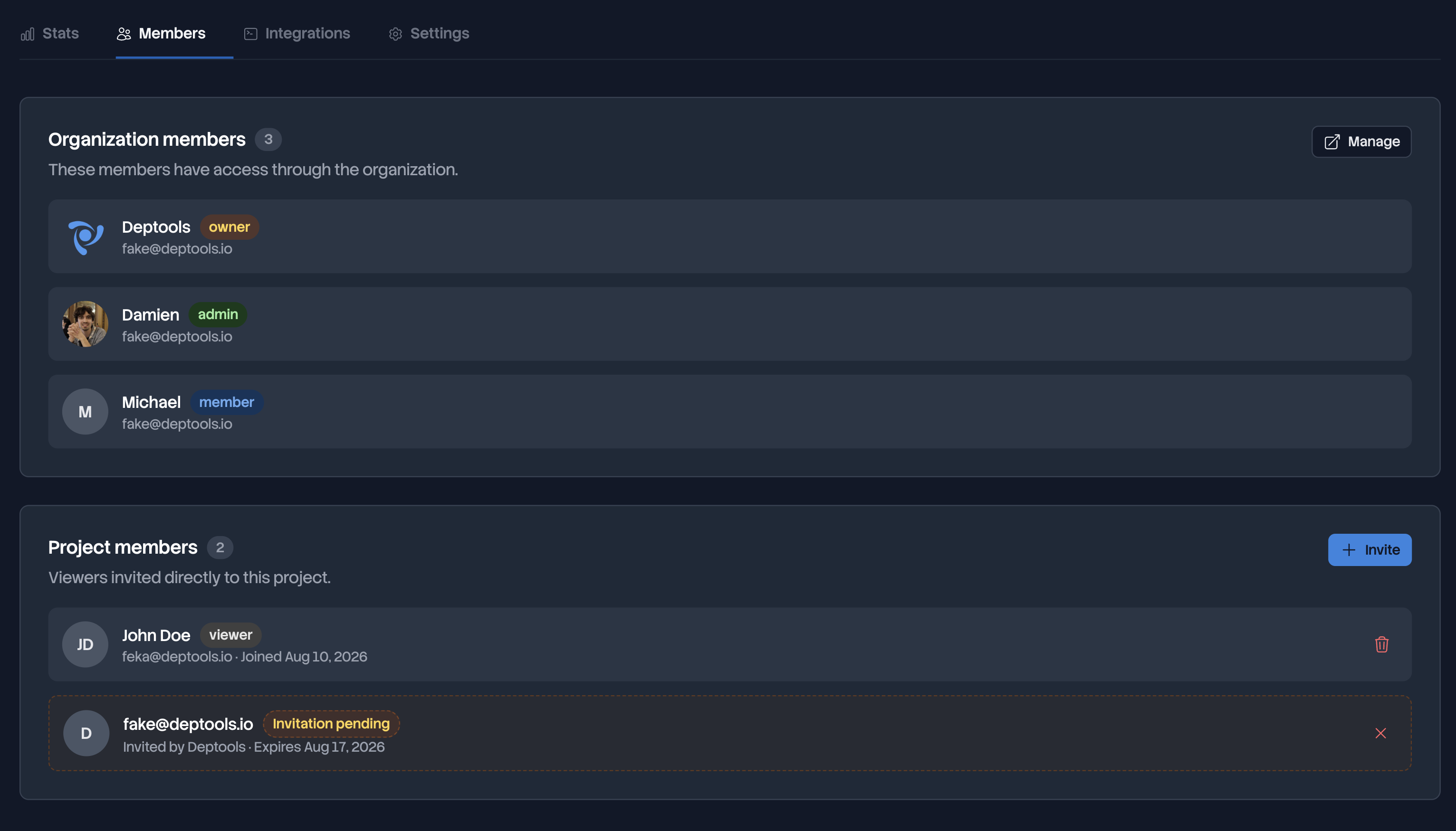 Members tab showing organization members above, and project members with one viewer and one pending invitation below