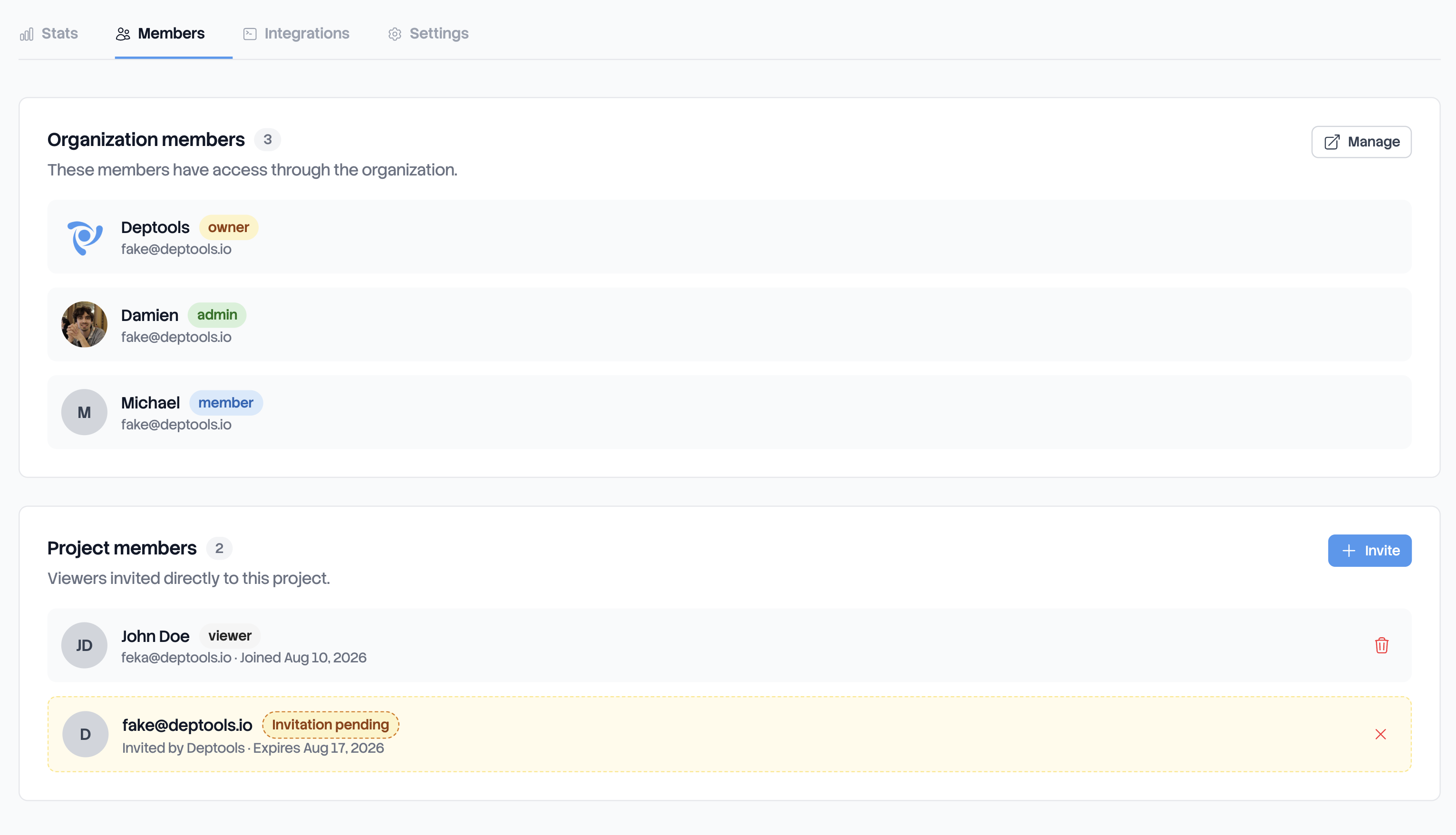 Members tab showing organization members above, and project members with one viewer and one pending invitation below