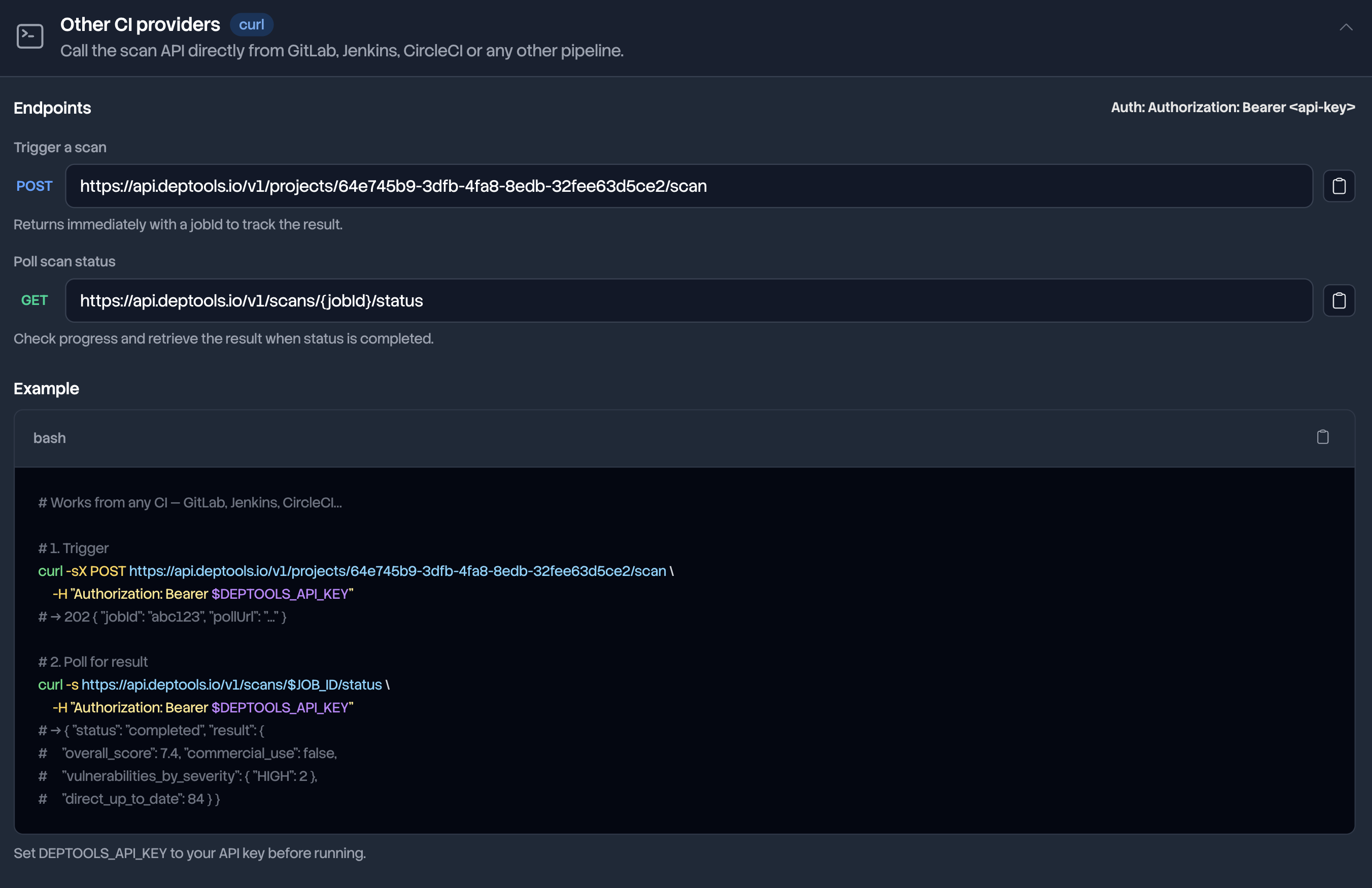 Other CI providers card of the Integrations tab, with the scan endpoint, the status endpoint and a curl example