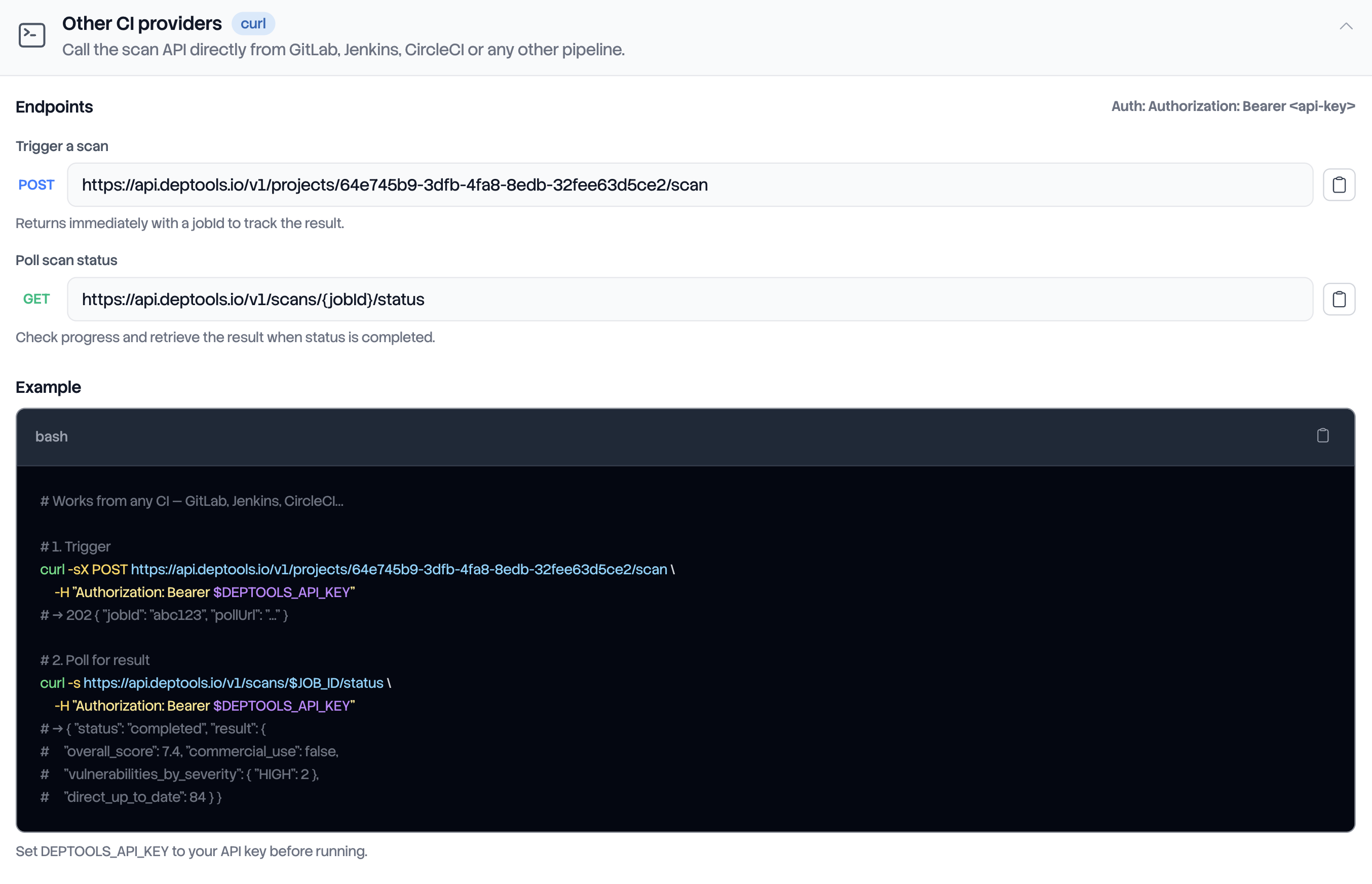 Other CI providers card of the Integrations tab, with the scan endpoint, the status endpoint and a curl example