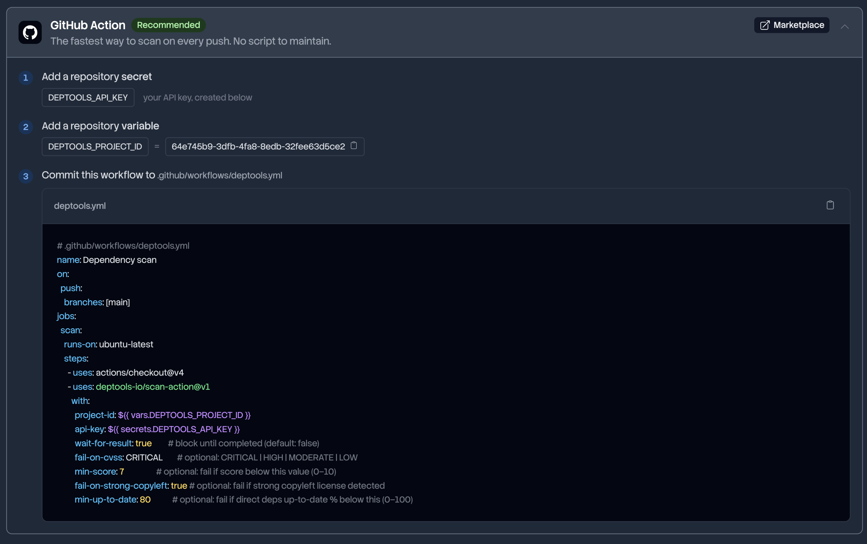 GitHub Action card of the Integrations tab, with the secret, the project id and the workflow snippet