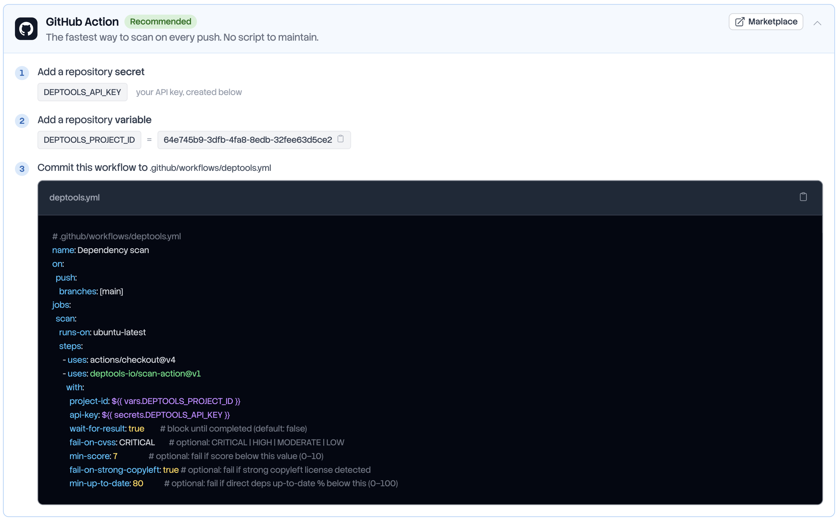 GitHub Action card of the Integrations tab, with the secret, the project id and the workflow snippet